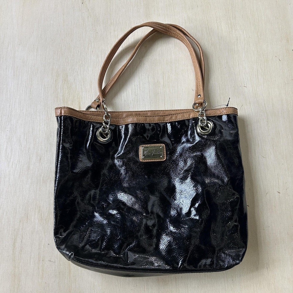 Marc Fisher Tote Bag Womens Medium Black Patent Faux Leather Shoulder Chain